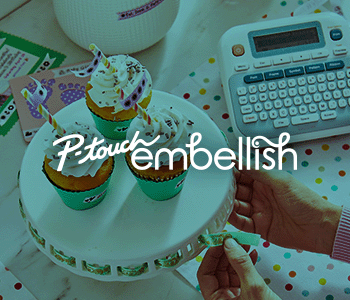 P-touch Embellish overlaid on image of cupcakes next to P-touch Embellish label maker