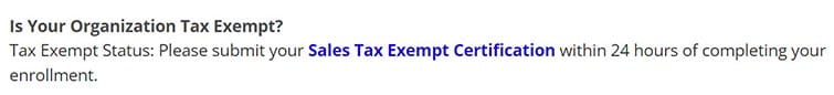 Tax Exempt status message screen shot