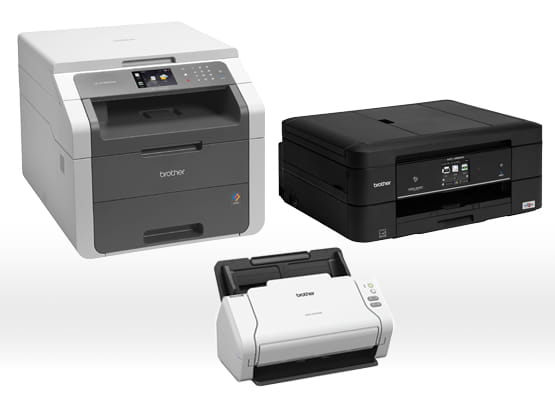 3 Brother printers on white background