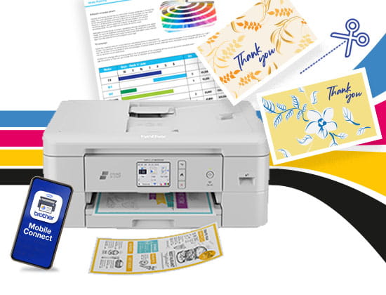 Brother Print & Cut printer with cell phone showing mobile connect surrounded by documents and greeting cards with a scissor icon between cards. 
