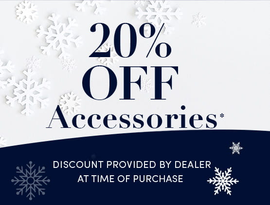 20% off Accessories on a white and navy snowflake background