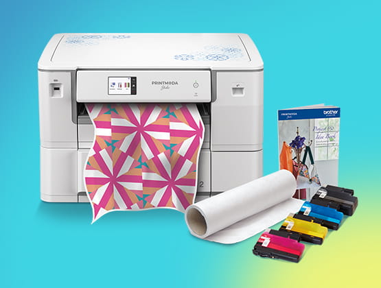 PrintModa fabric printer printing a geometric pattern on fabric sheet. Starter items of fabric roll and 4 ink cartridges. 