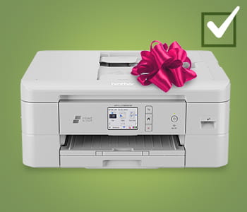 Brother printer with red bow and check mark in the top right corner. 