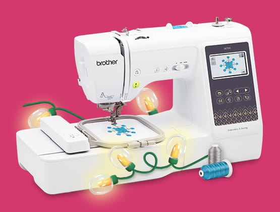 Brother embroidery machine with a snowflake patter on display,