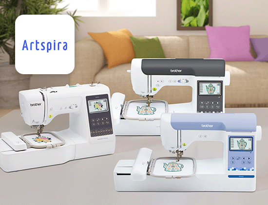 Sewing and embroidery machine in foreground of image with a couch in background and Artspira App icon in top left.