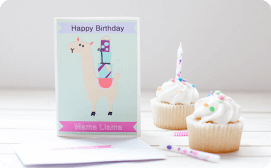 Llama birthday card and cupcakes